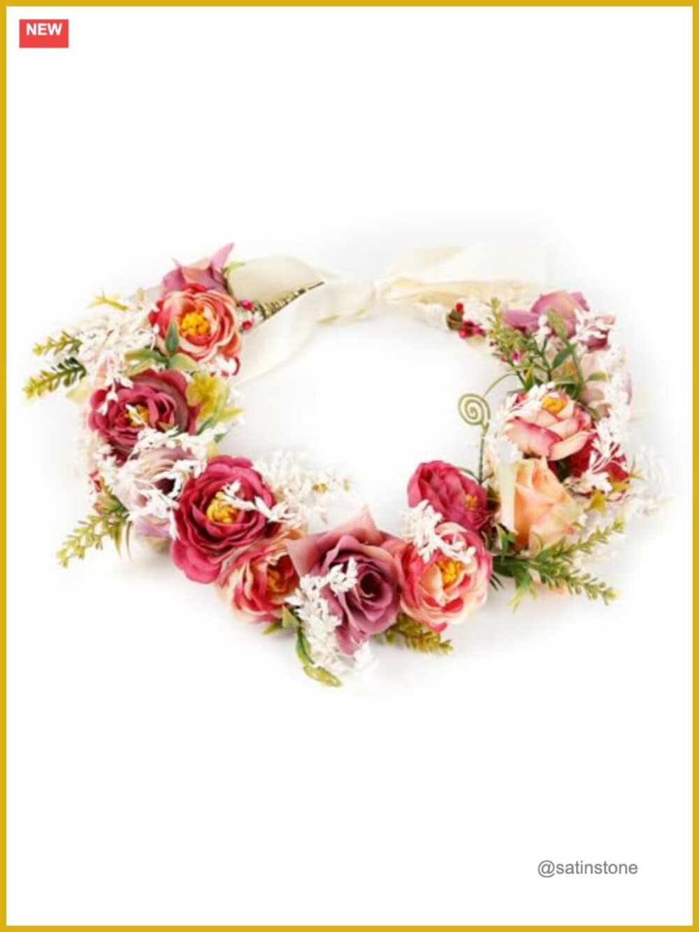 Handmade Rose Flower Crown Adjustable Silk Ribbon Headband Wedding Festival